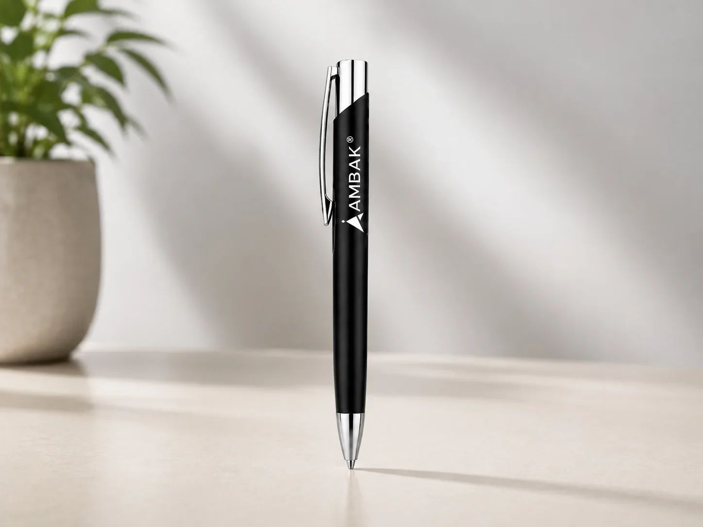 Modern Matte Black Metal Ballpoint Pen with Silver Cutout Trim