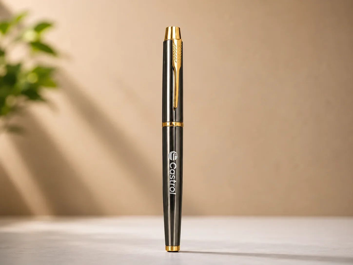 Metallic Gunmetal Ballpoint Pen with Feather Motif Gold Clip