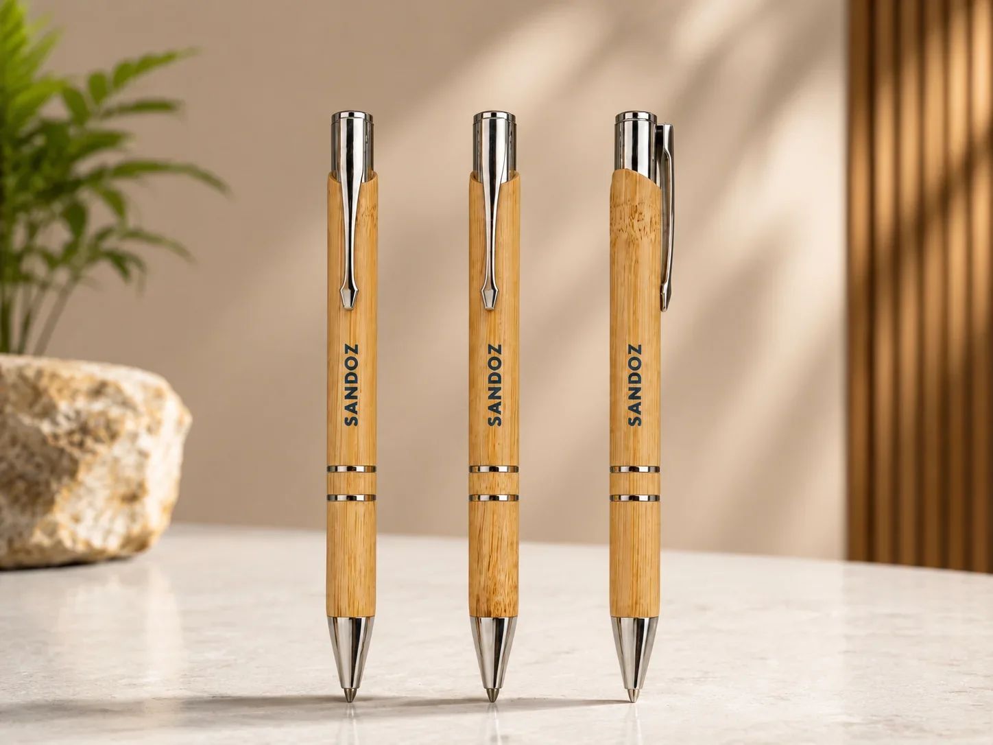Sandoz EcoCraft Natural Wooden Ballpoint Pen Set with Chrome Accents – Set of 3