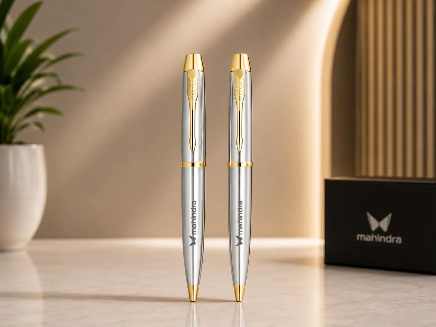 Mahindra Prestige Gold-Accented Metallic Silver Ballpoint Pen Set – Pack of 2