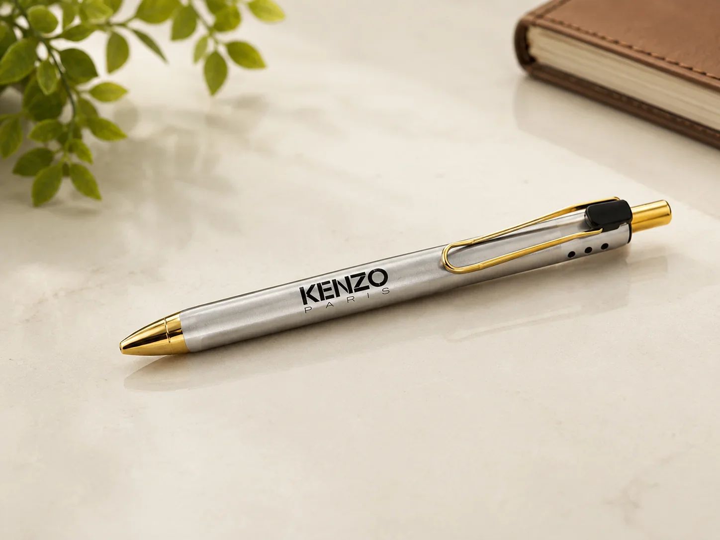 KENZO PARIS Brushed Stainless Steel Retractable Ballpoint Pen with Gold Wire Clip