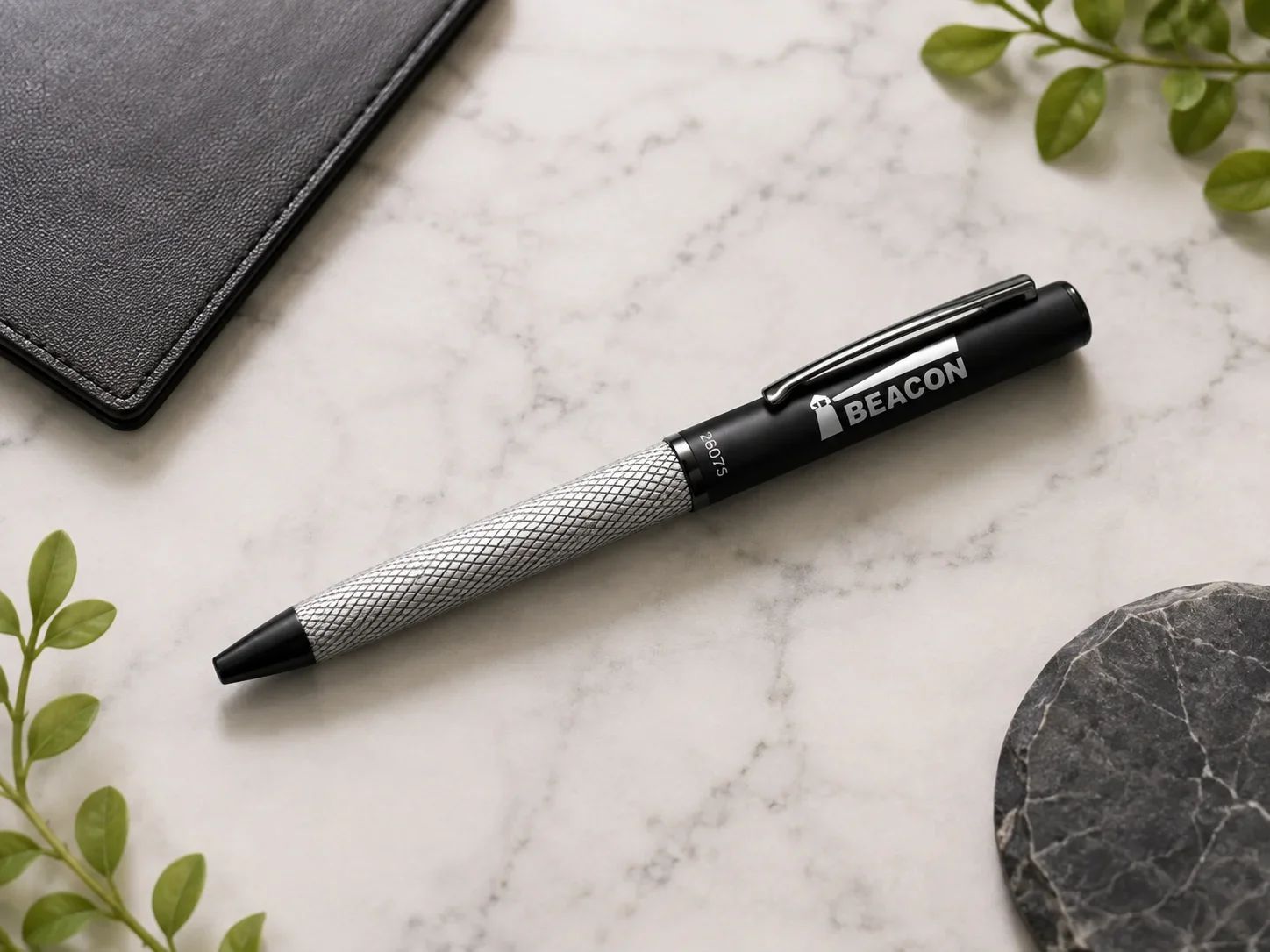 BEACON StealthCraft Diamond Knurled Grip Matte Black & Silver Ballpoint Pen