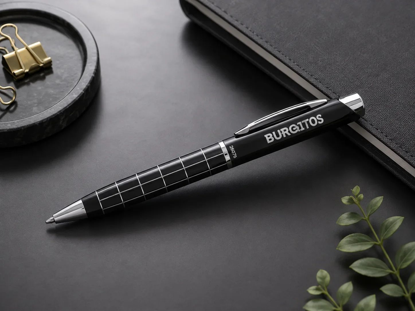 BURGITOS Sovereign Grid-Pattern Gloss Black & Chrome Ballpoint Pen