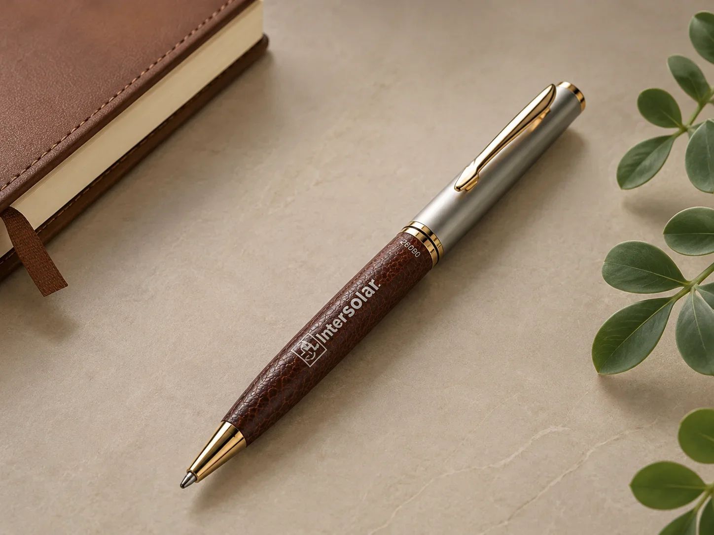 Intersolar Sovereign Leather-Wrapped Brown & Satin Silver Ballpoint Pen