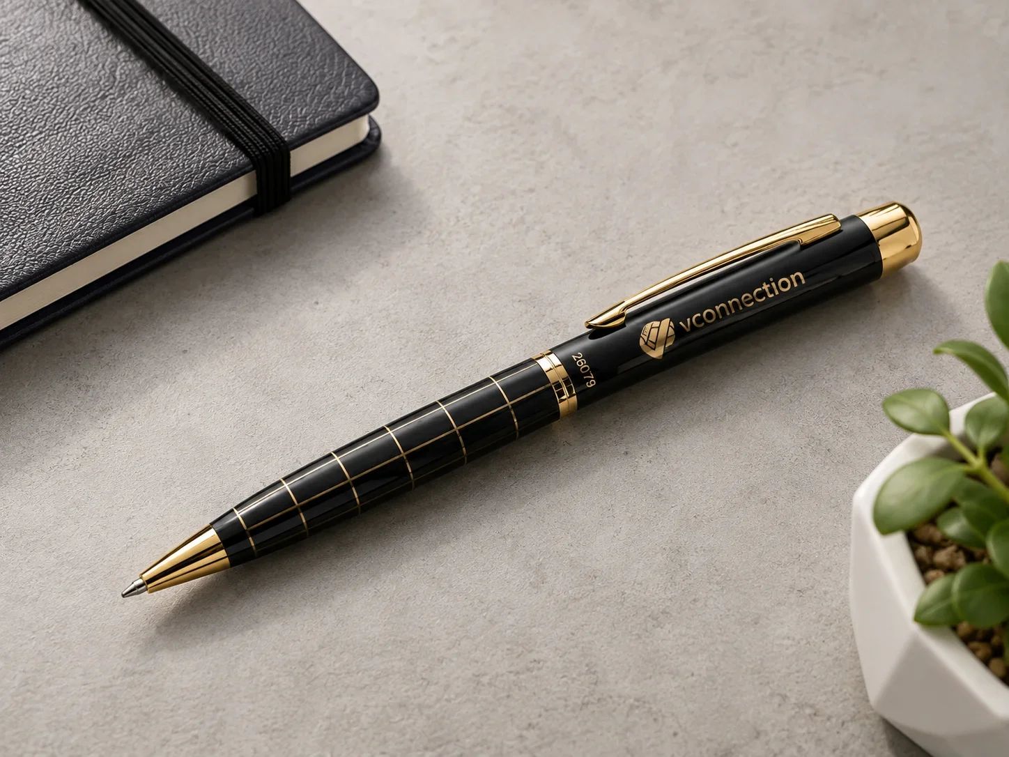 vconnection Sovereign Grid-Pattern Gloss Black & Polished Gold Ballpoint Pen