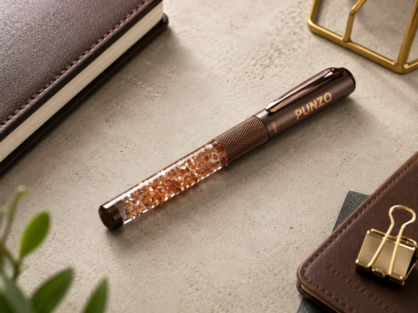 PUNZO Sovereign Floating Copper Foil & Knurled Grip Rose Bronze Ballpoint Pen