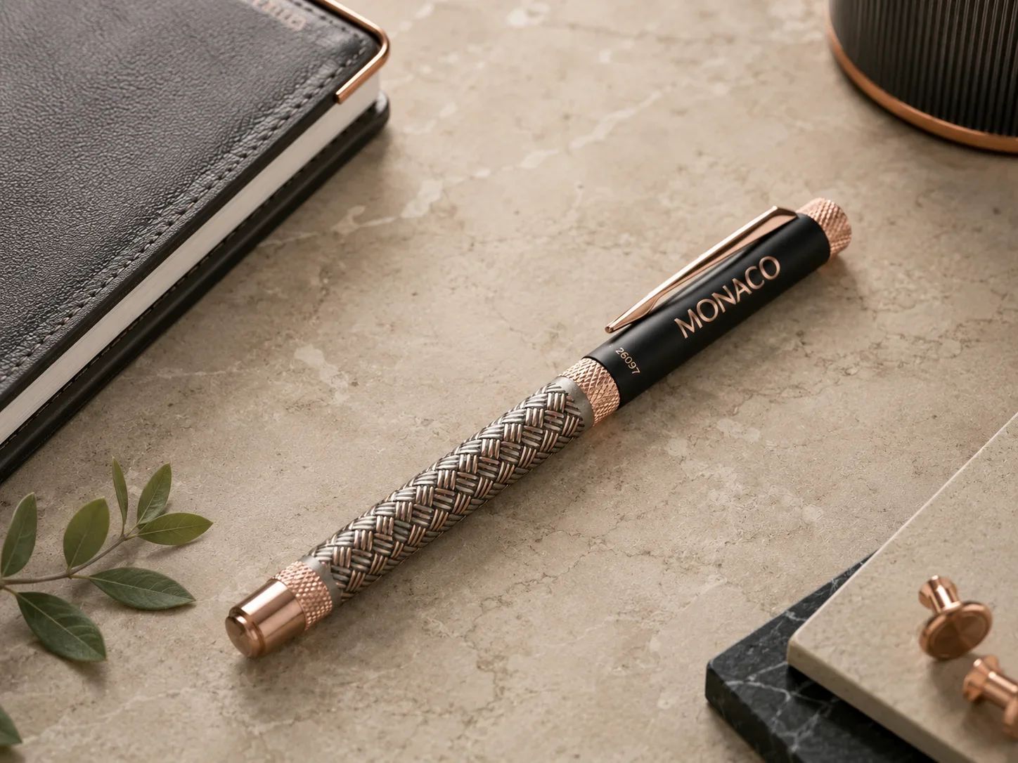 MONACO StealthCraft Woven Pattern Matte Black & Rose Gold Executive Ballpoint Pen