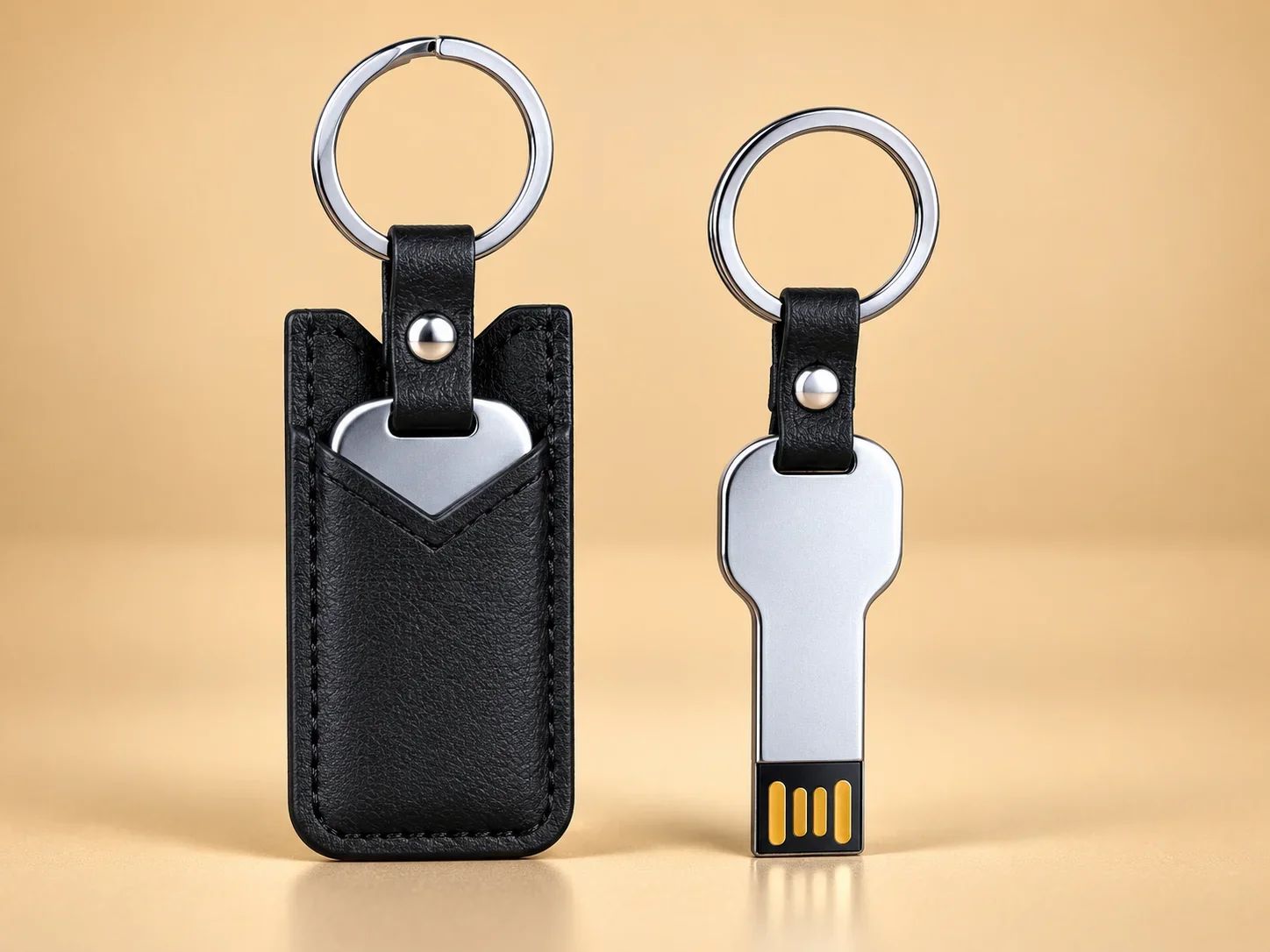 Metal Key-Shaped USB Flash Drive with Leather Pouch & Keyring