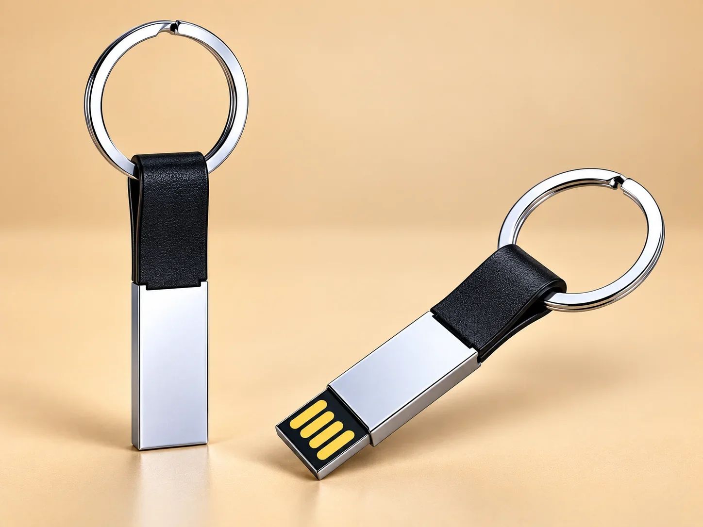 Rectangular Metal USB Flash Drive with Textured Leather Strap Keyring