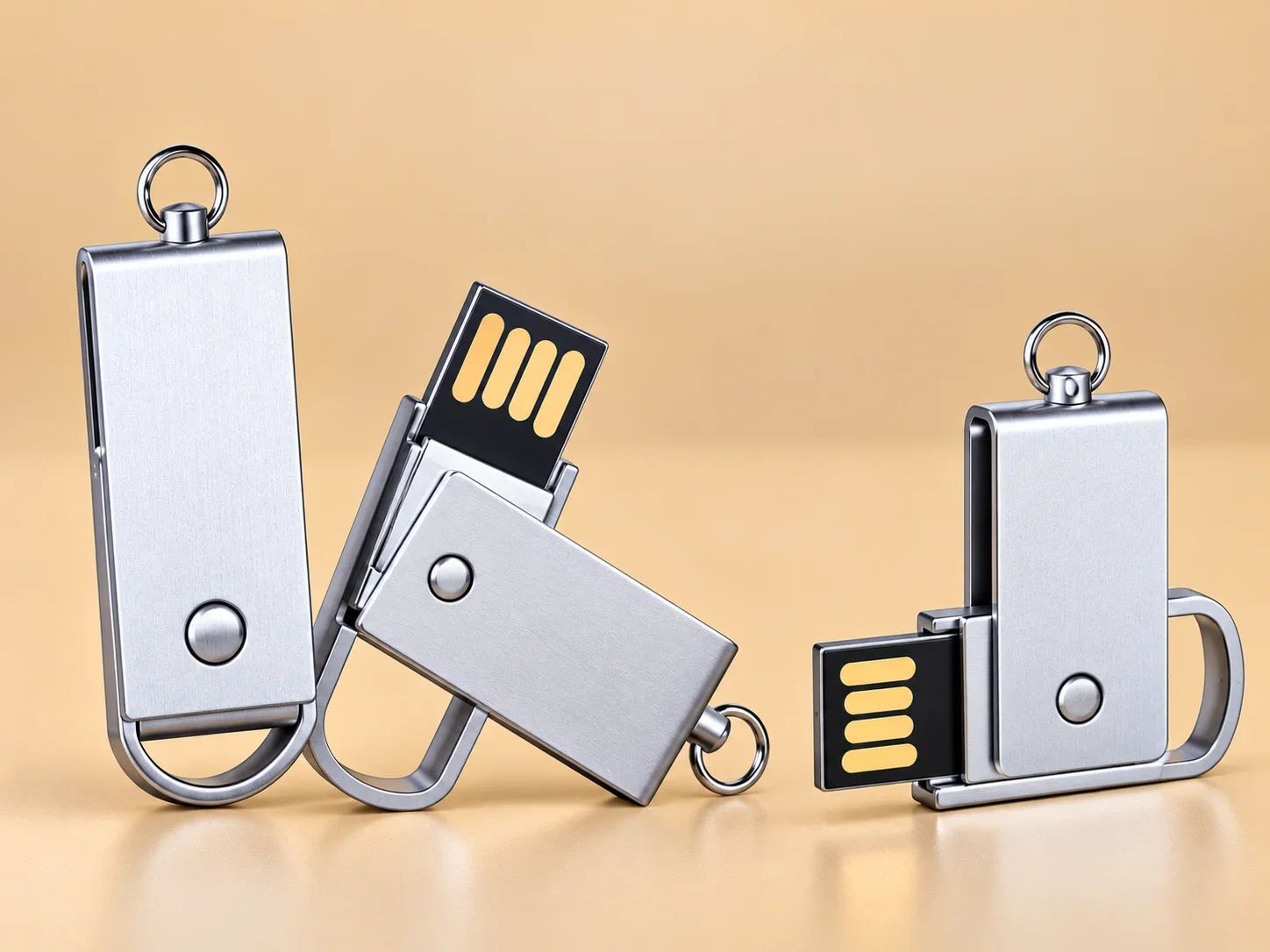 Brushed Metal Swivel USB Flash Drive with Dual Loop Keyring Mounts