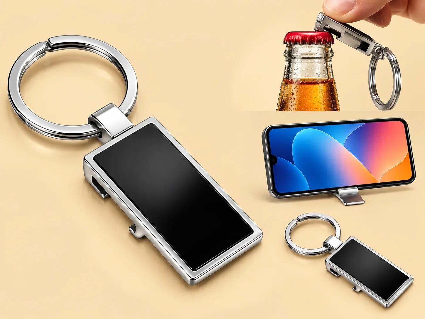 Multi-Function Rectangular Metal USB Flash Drive with Bottle Opener & Phone Stand