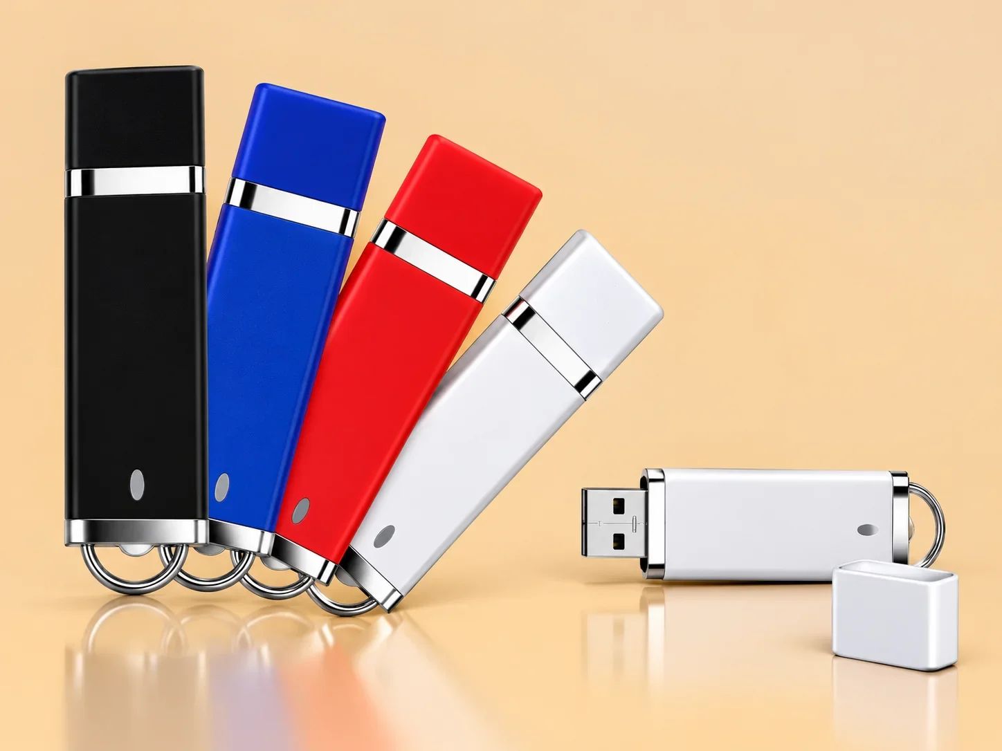 Classic Rectangular Capped Plastic USB Flash Drive with Metallic Base Ring