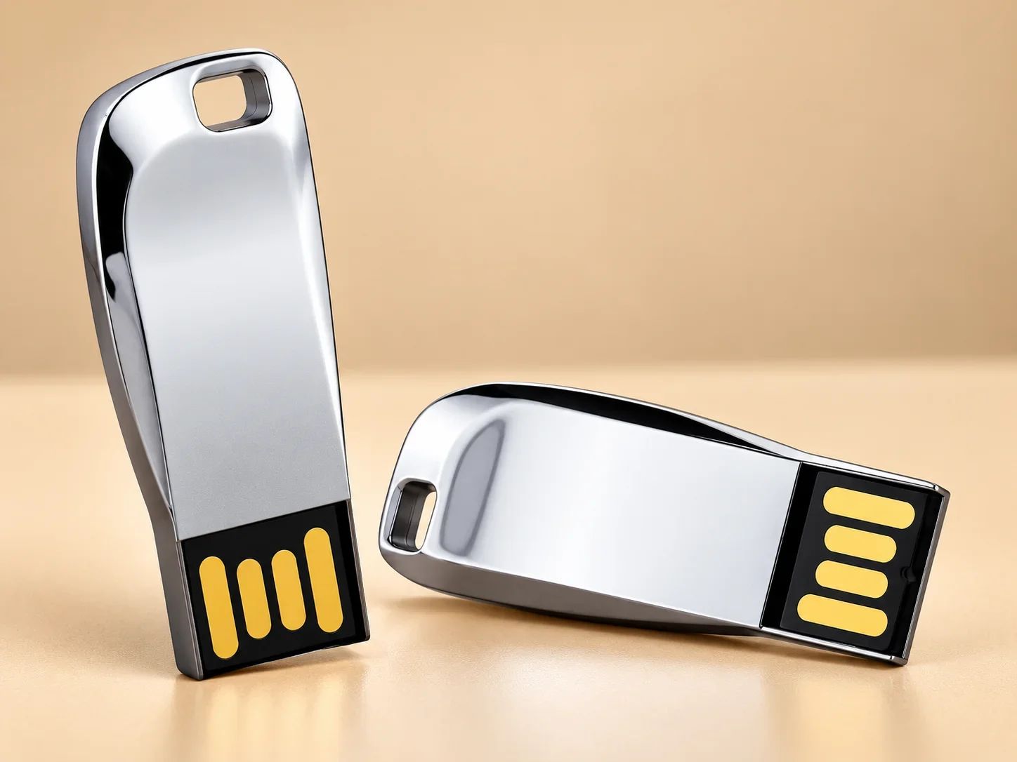 Ergonomic Chrome Metal USB Flash Drive with Lanyard Hole