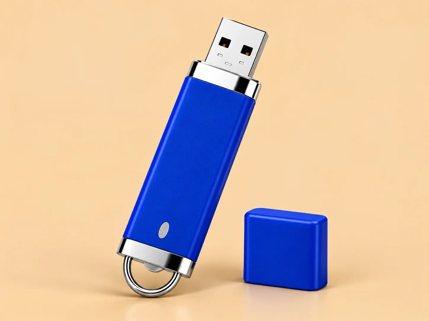 Capped Royal Blue USB Flash Drive with Chrome Accents & Semi-Circular Ring