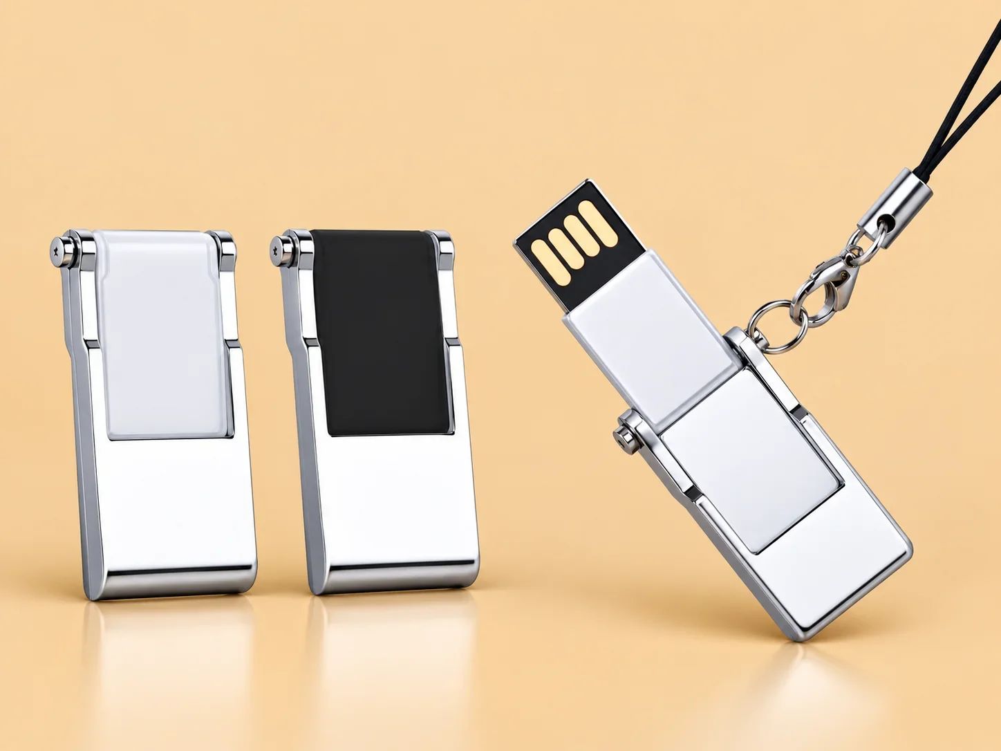 Flip-Open Dual-Tone Metal Clip USB Flash Drive with Lanyard