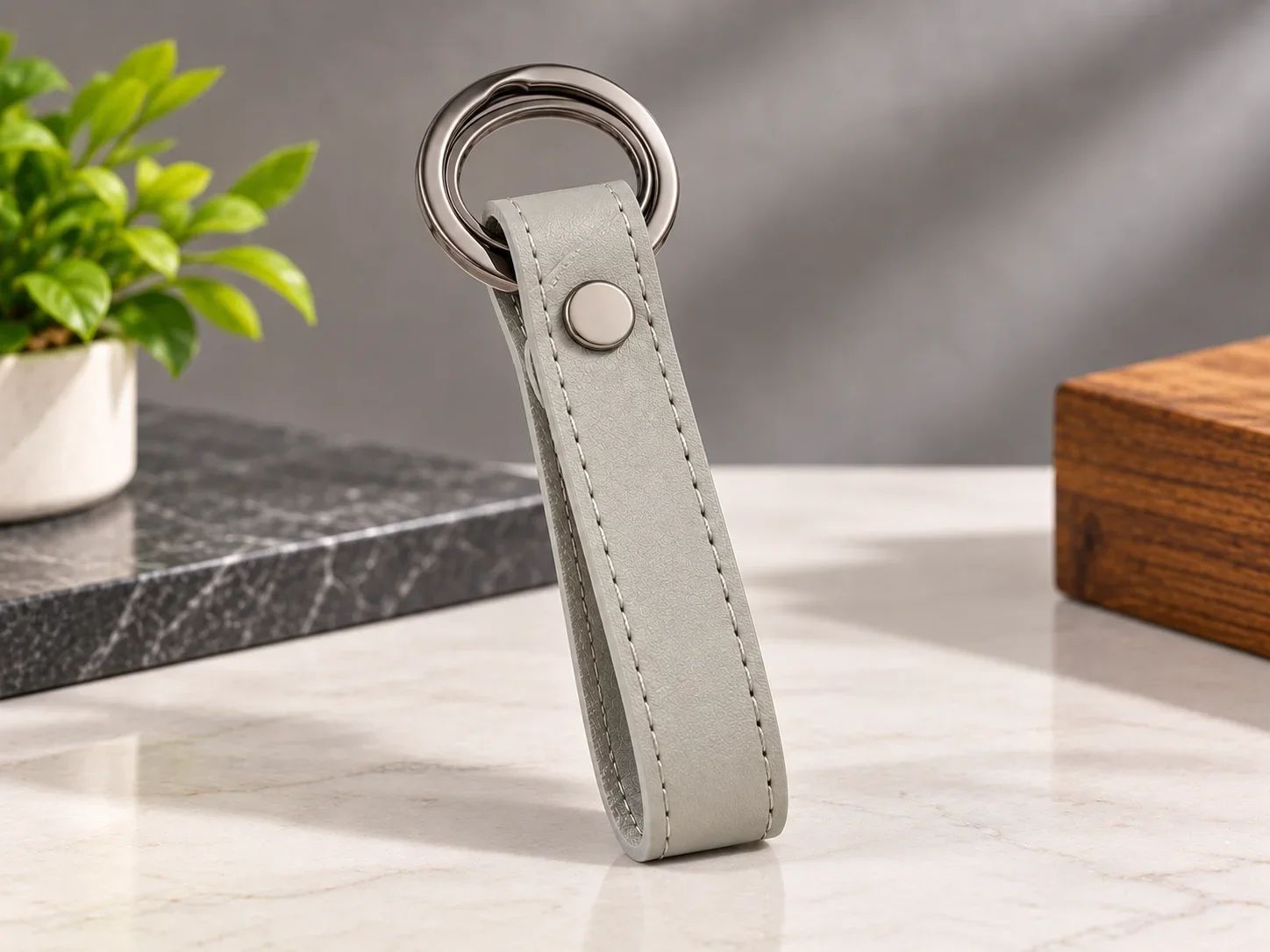 Light Gray Faux Leather Keychain USB Flash Drive with Dual Metallic Rings