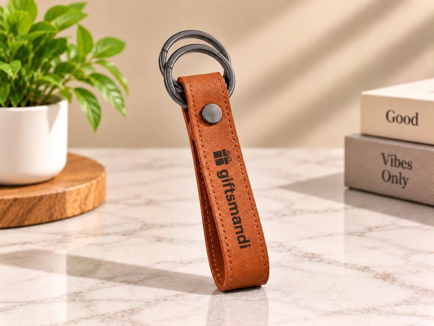 Custom Branded Tan Faux Leather Key Holder with Dual Gunmetal Rings