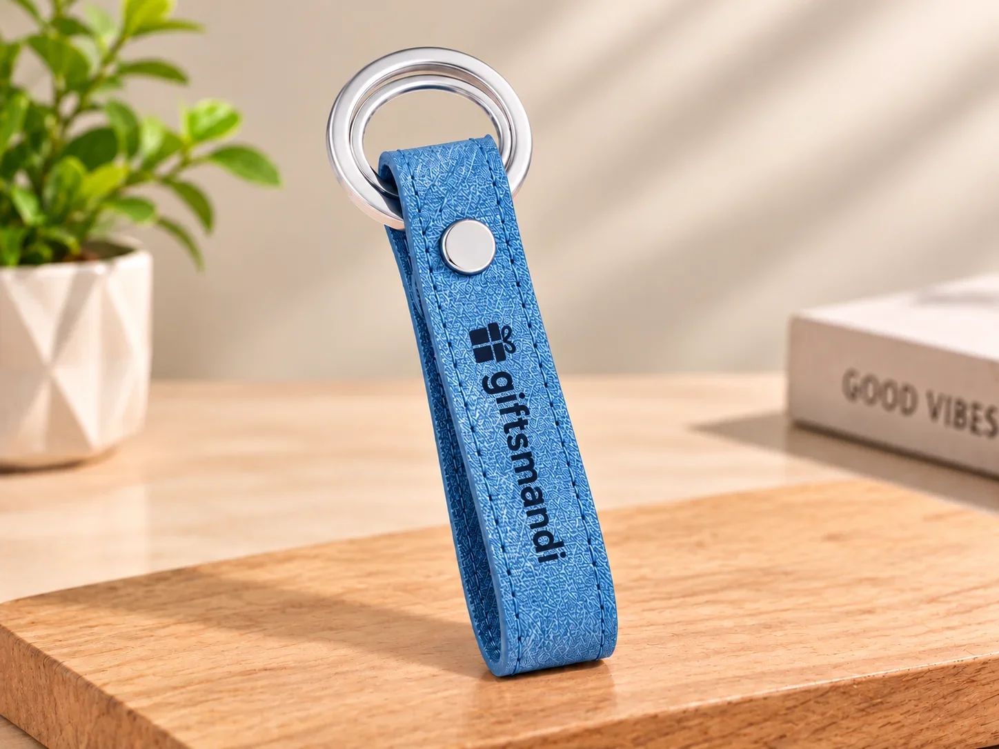 Vibrant Blue Leatherette Key Tag with Silver Dual Ring Fixture