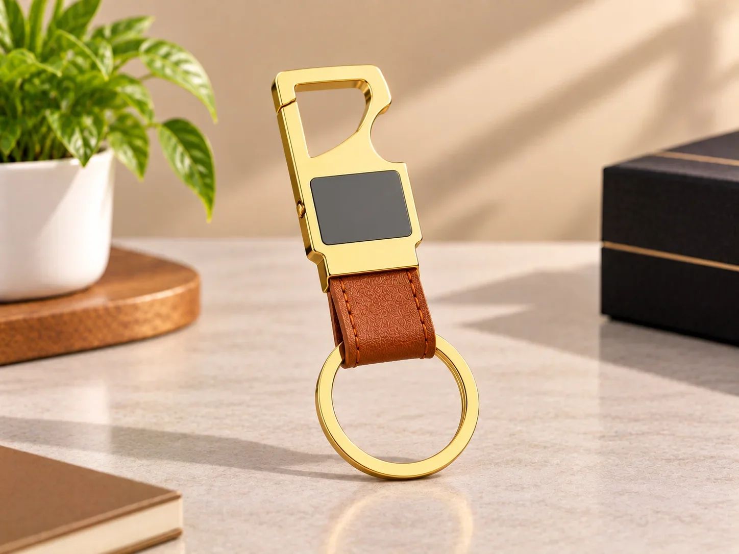 Multifunctional Gold Metal Bottle Opener Keychain with Leatherette Accent