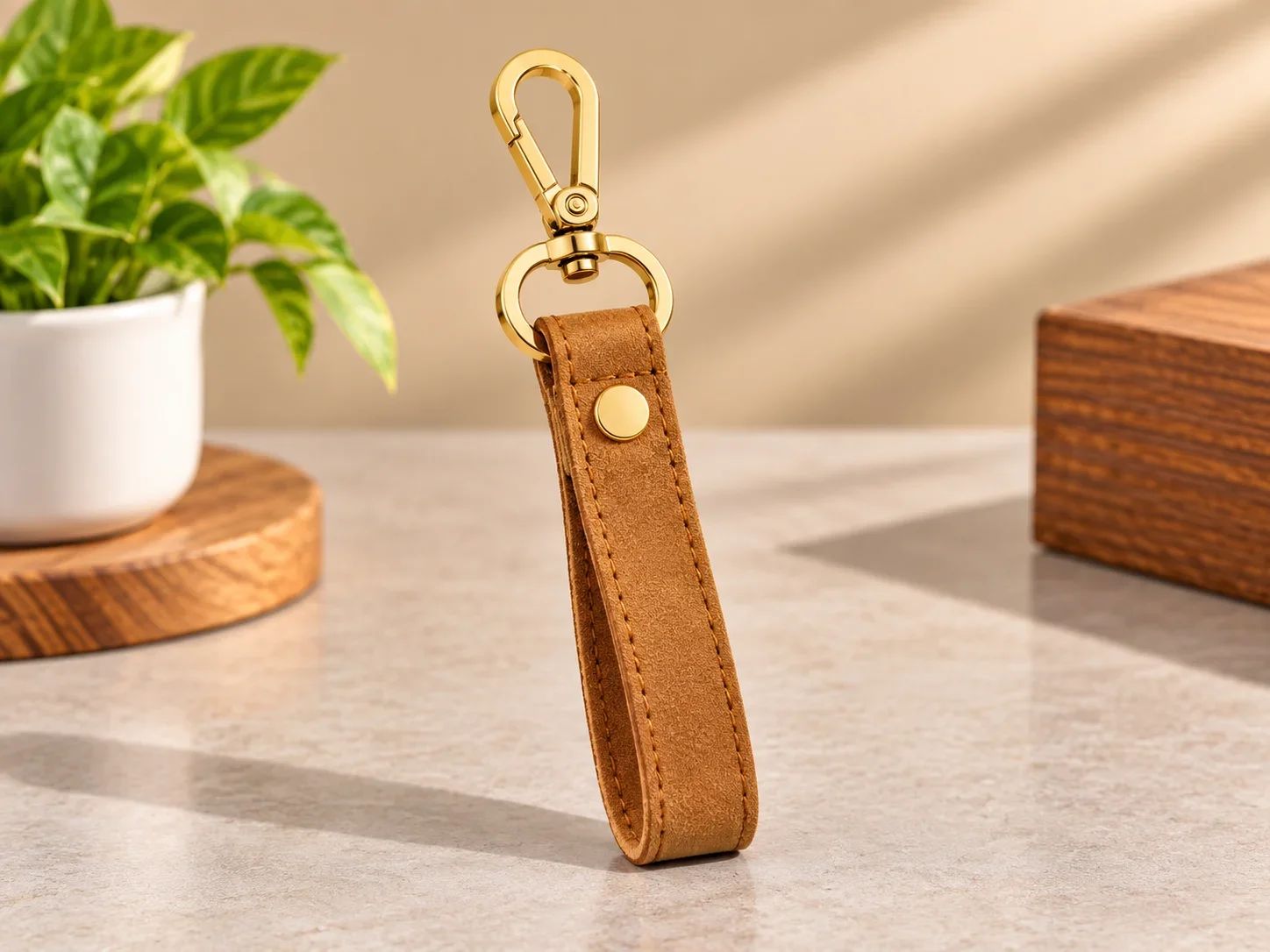 Suede Finish Camel Leatherette Strap Keychain with Gold Snap Hook