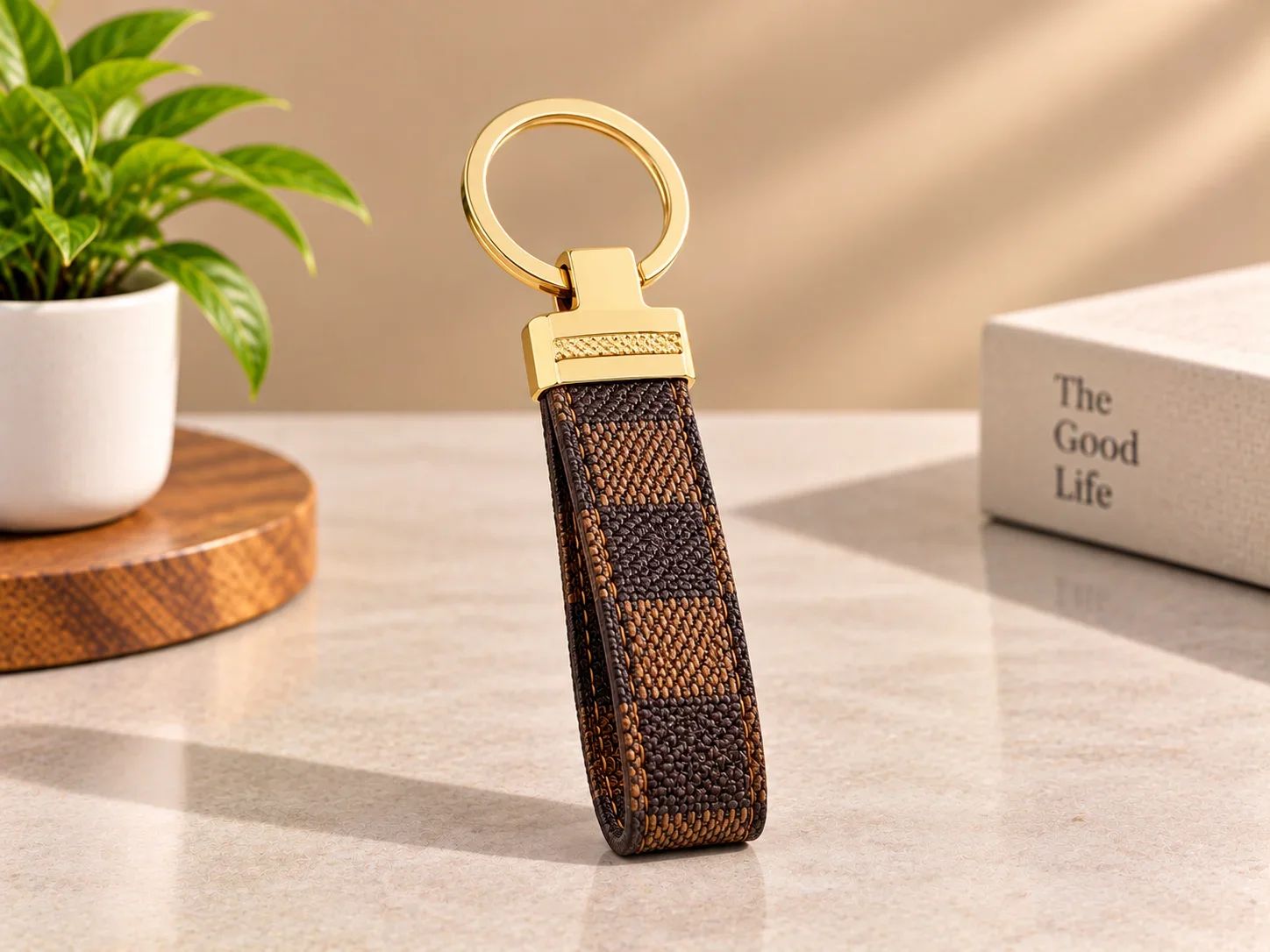 Checkerboard Patterned Faux Leather Key Fob with Gold Metallic Cap