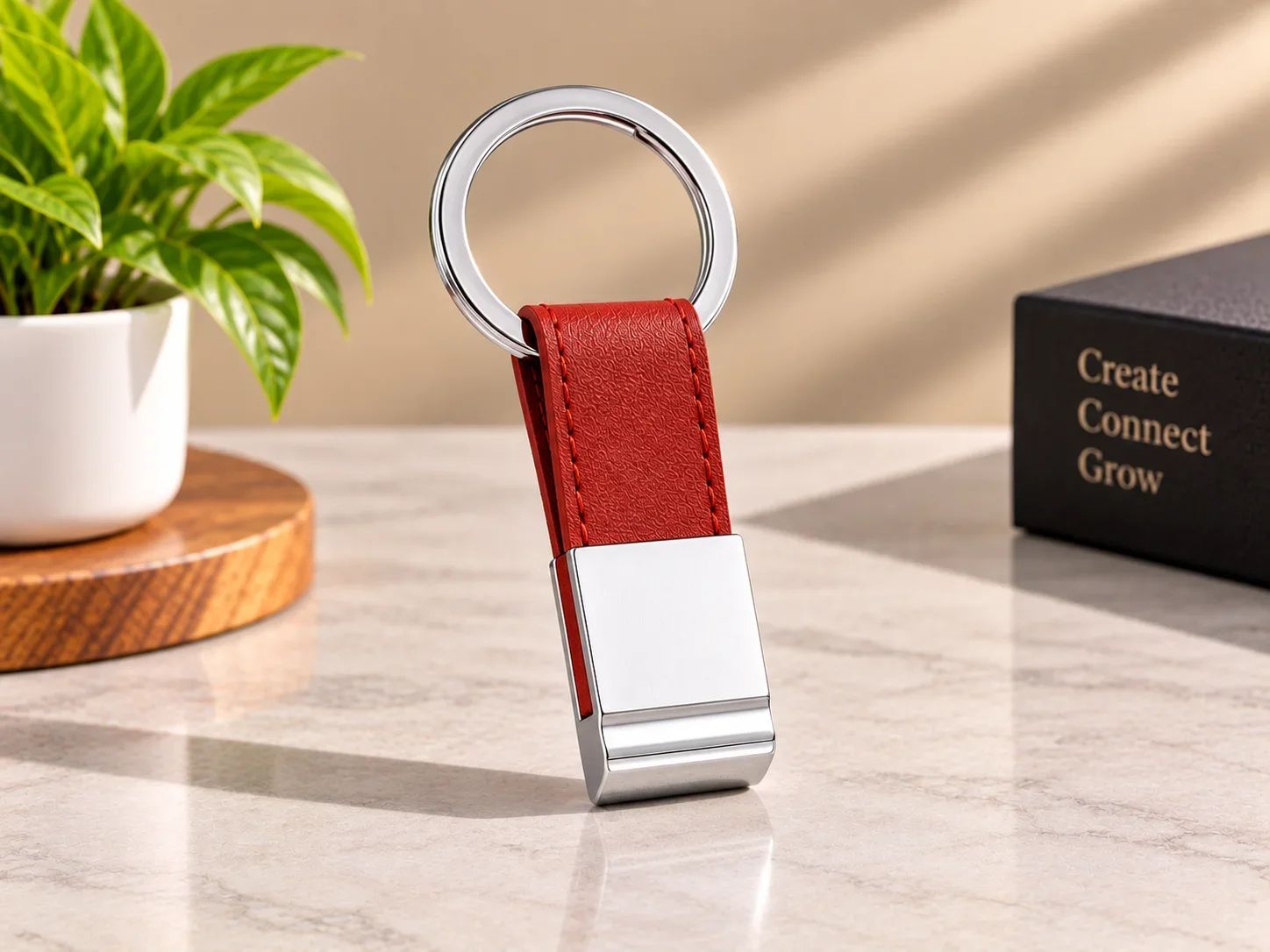 Red Leatherette Keyring with Metallic Metal Engraving Plate