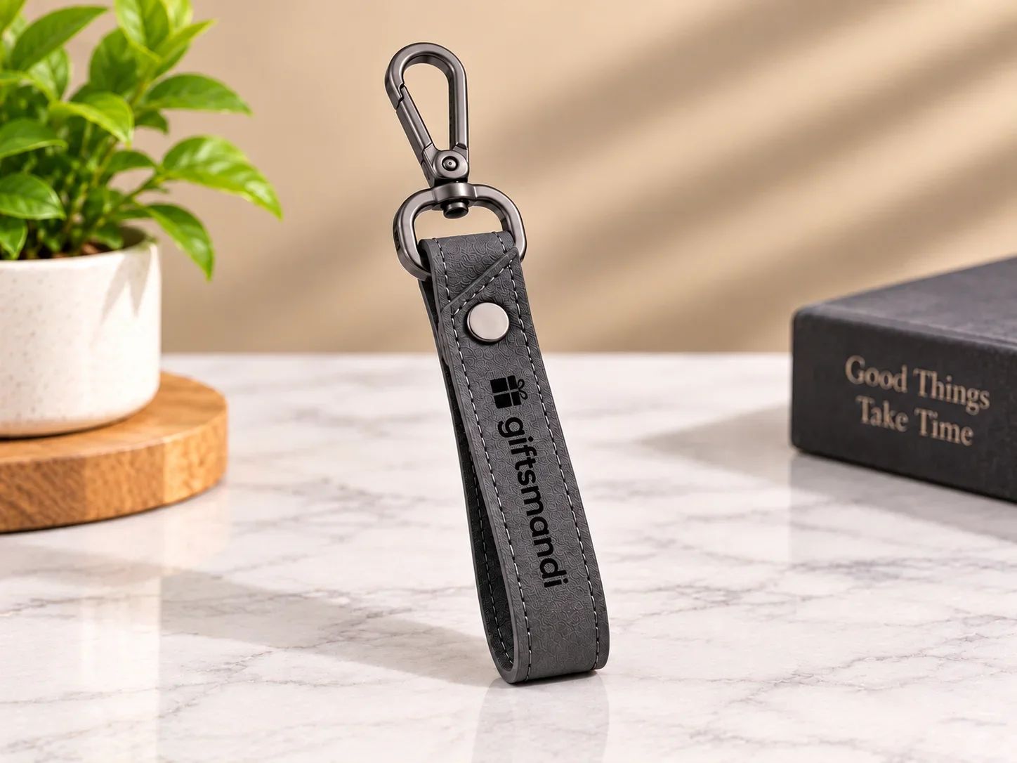 Charcoal Grey Textured Leatherette Key Loop with Gunmetal Carabiner Hook
