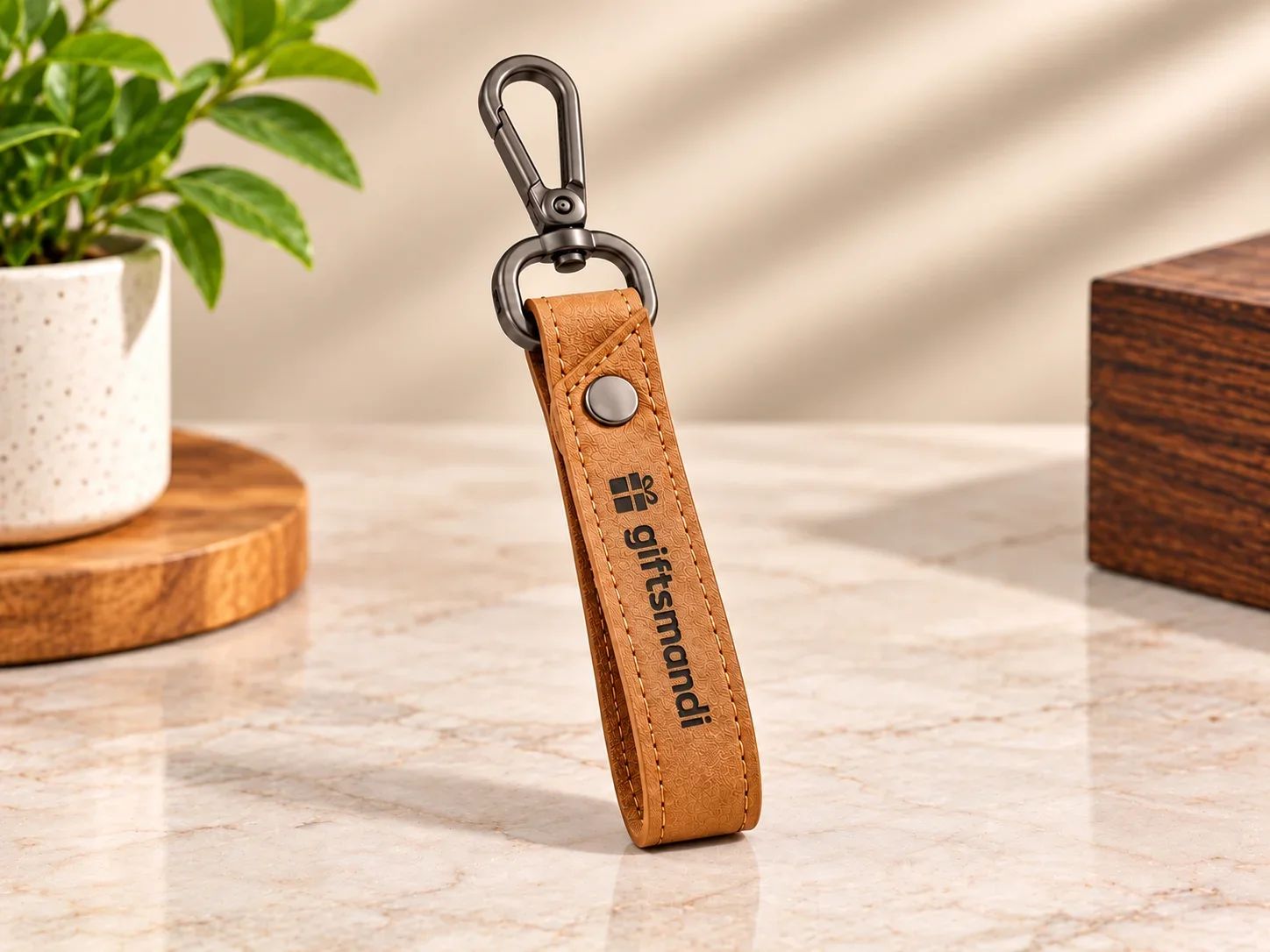 Light Brown Textured Faux Leather Strap Keychain with Gunmetal Clip