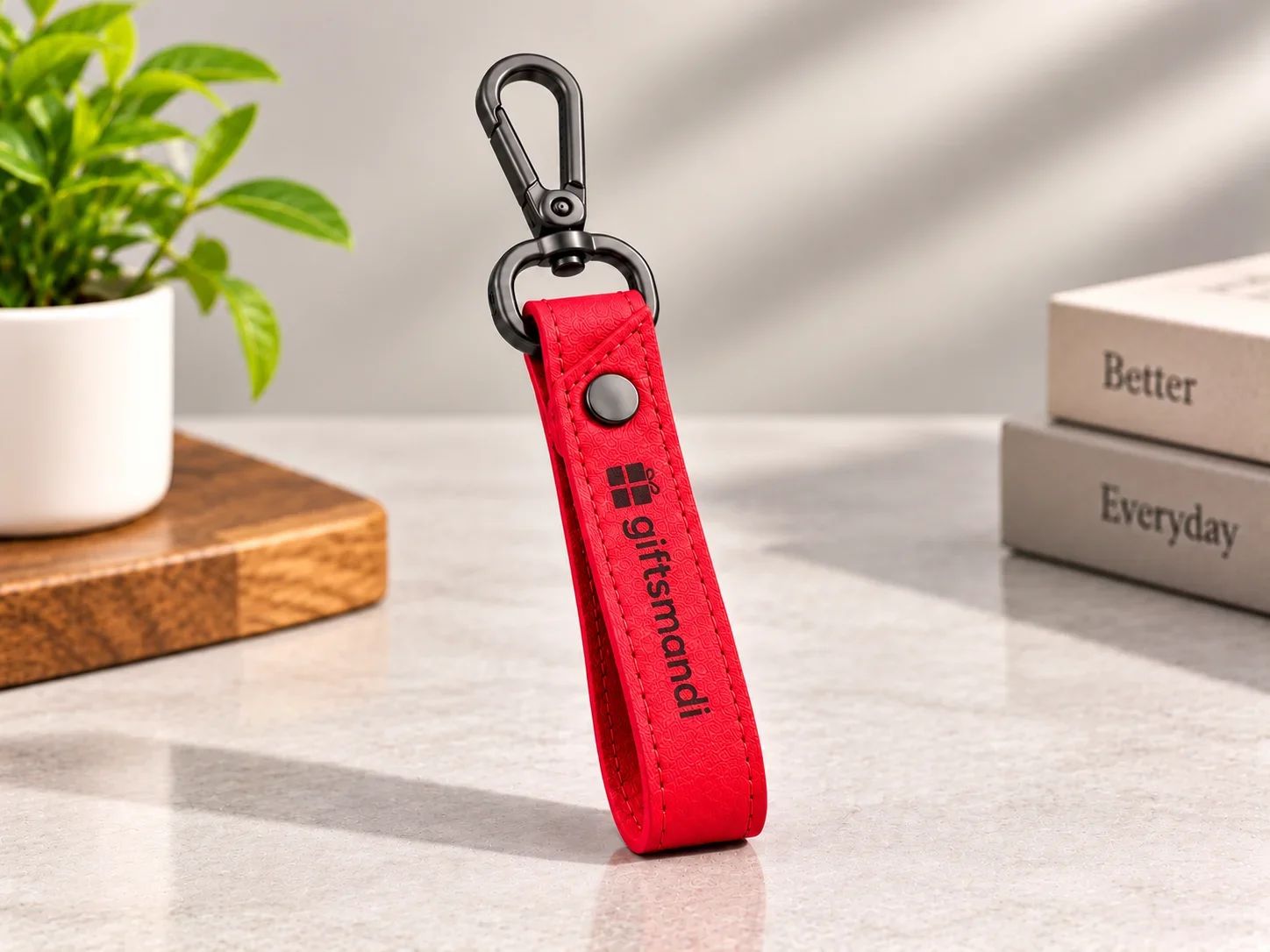 Bright Red Leatherette Strap Keychain with Matte Black Carabiner