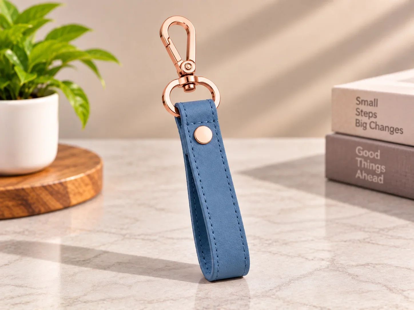Pastel Slate Blue Faux Leather Key Loop with Rose Gold Metal Clasp