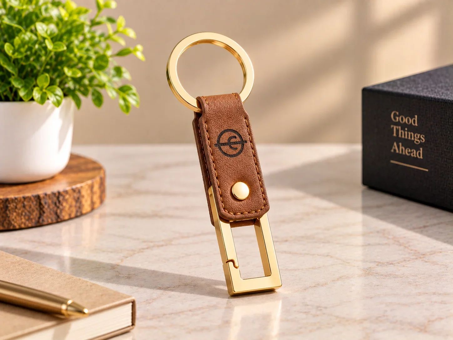 Executive Chestnut Brown Leatherette Keyring with Gold Rectangular Spring Gate