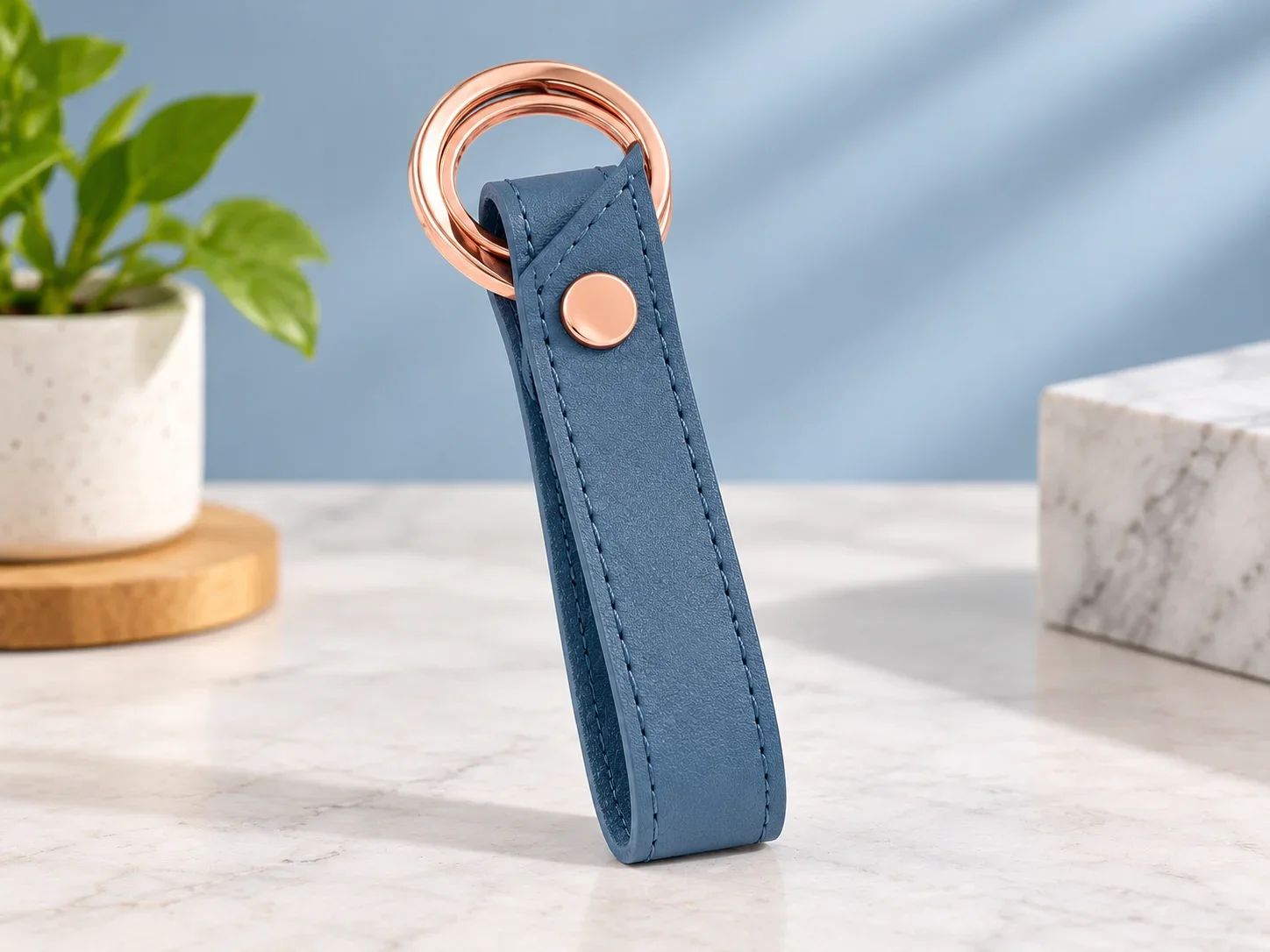 Muted Blue Leatherette Key Loop with Dual Rose Gold Rings