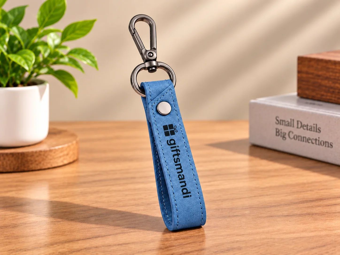 Ocean Blue Textured Faux Leather Strap Keychain with Gunmetal Snap Hook