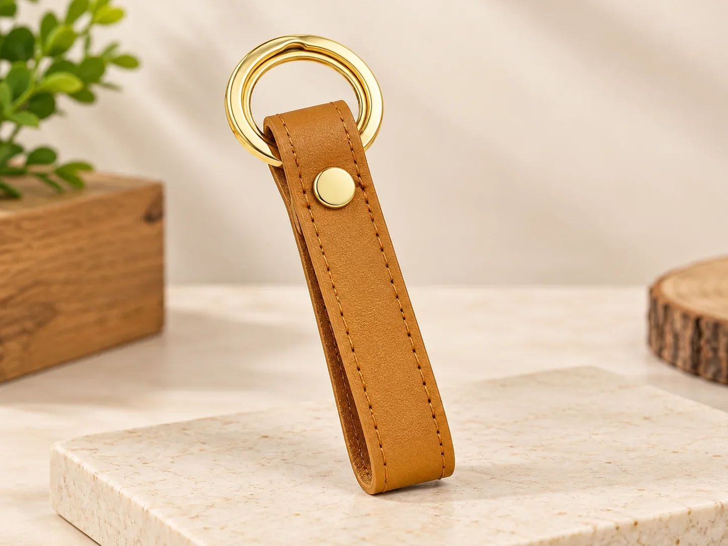 Mustard Tan Faux Leather Key Loop with Polished Gold Dual Rings