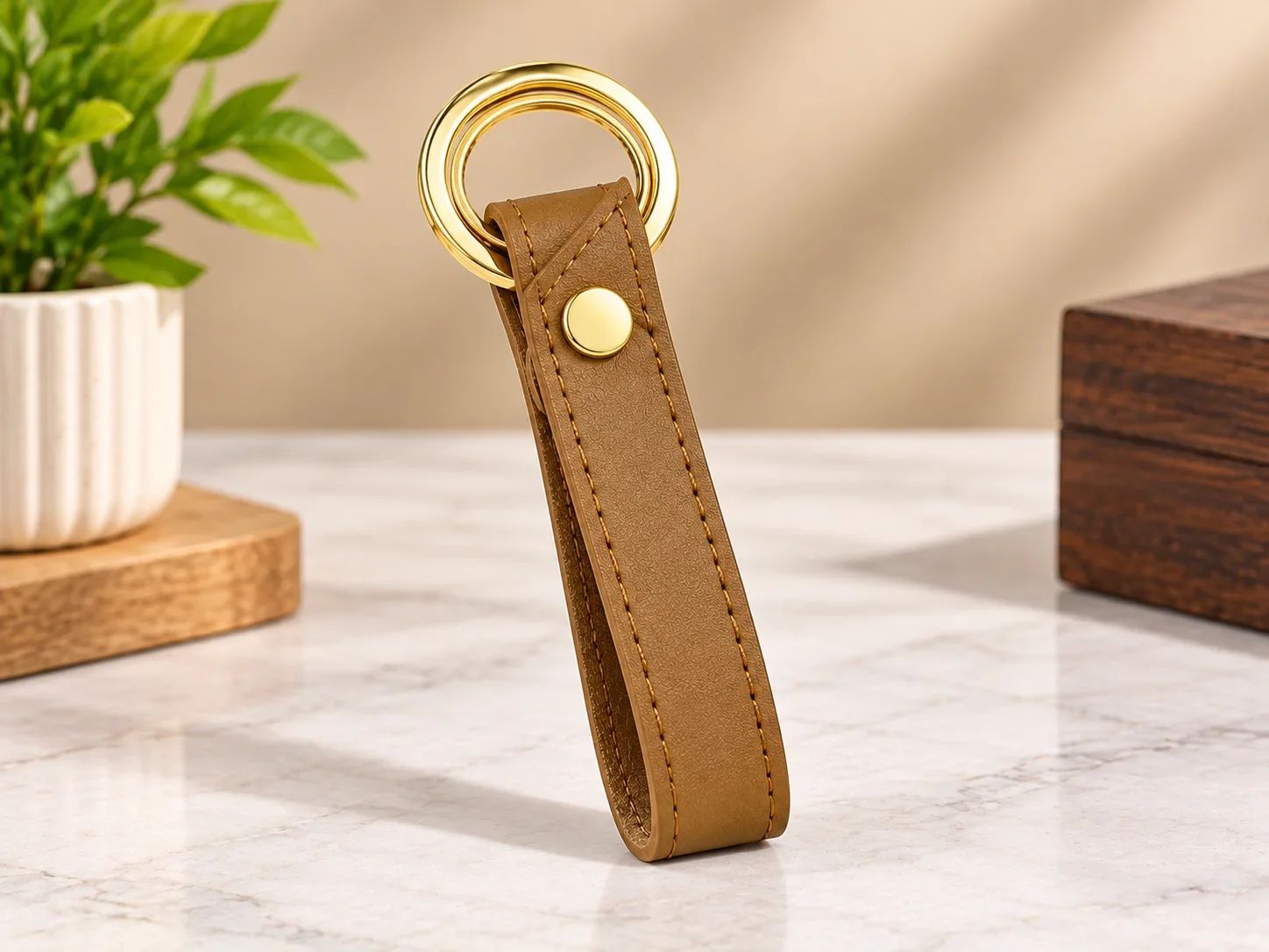 Olive Brown Textured Faux Leather Key Loop with Gold Spring Rings