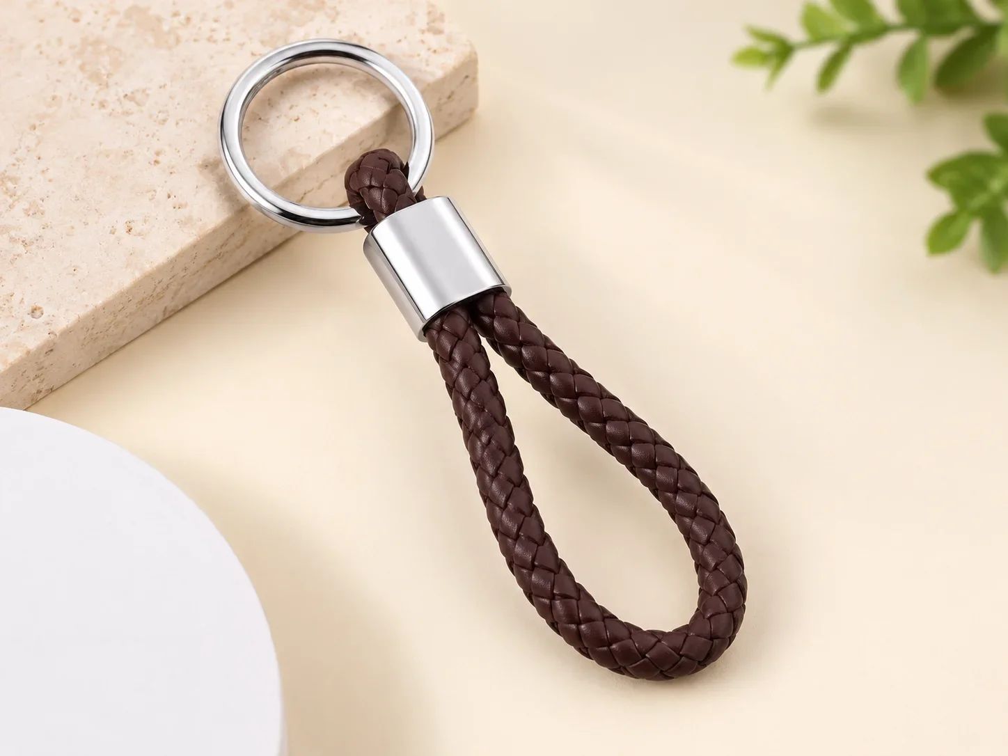 Braided Dark Brown Faux Leather Rope Keychain with Silver Metal Clamp
