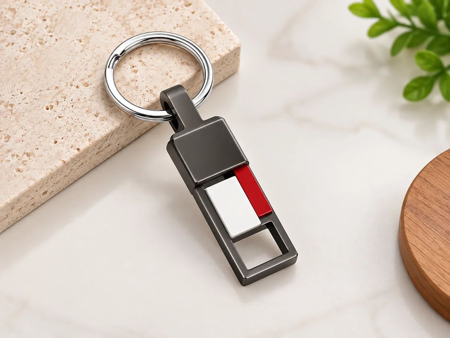 Modern Gunmetal Metallic Keyring with Red and White Enamel Accents