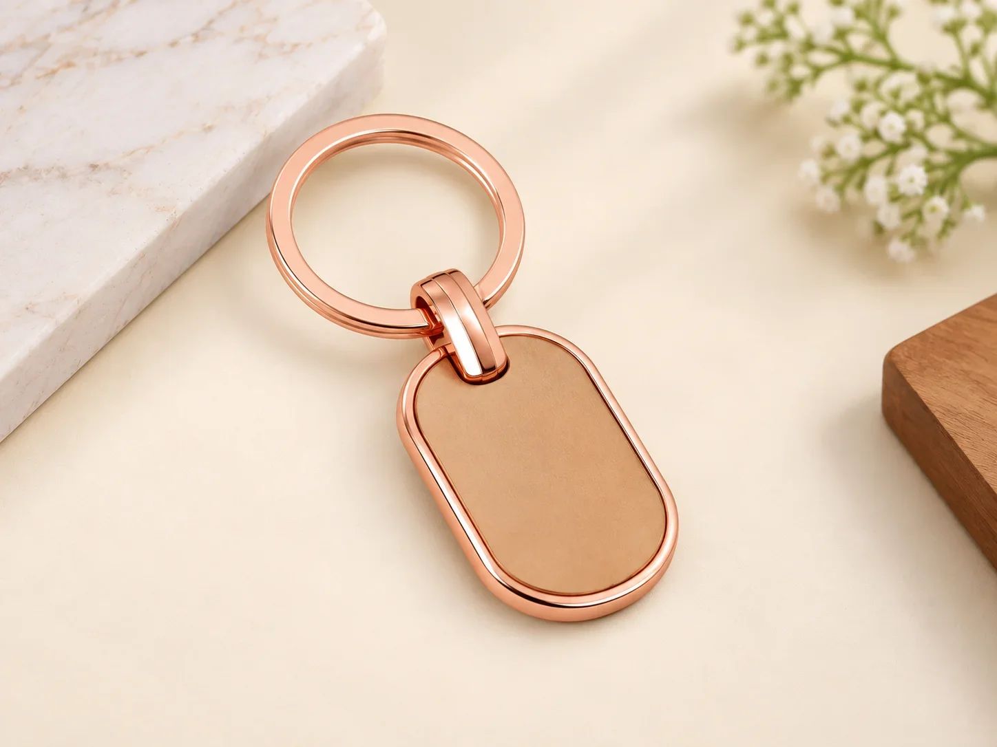 Oval Beige Faux Leather Keychain with Rose Gold Metallic Frame