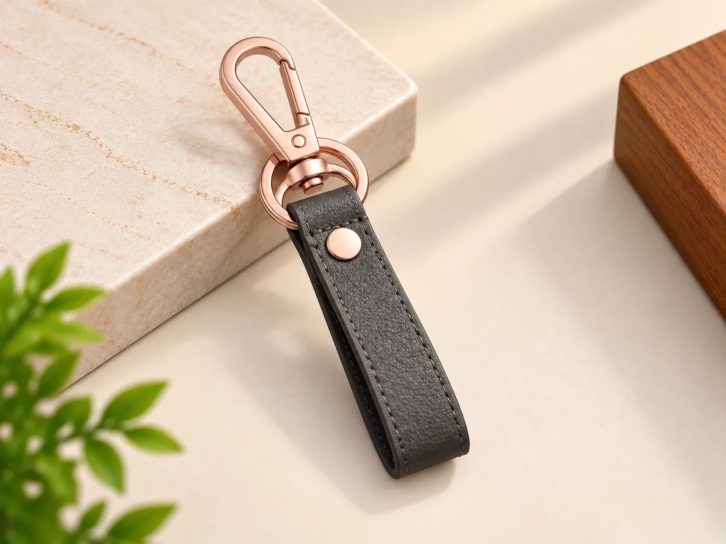 Dark Grey Pebbled Leatherette Key Loop with Rose Gold Snap Hook
