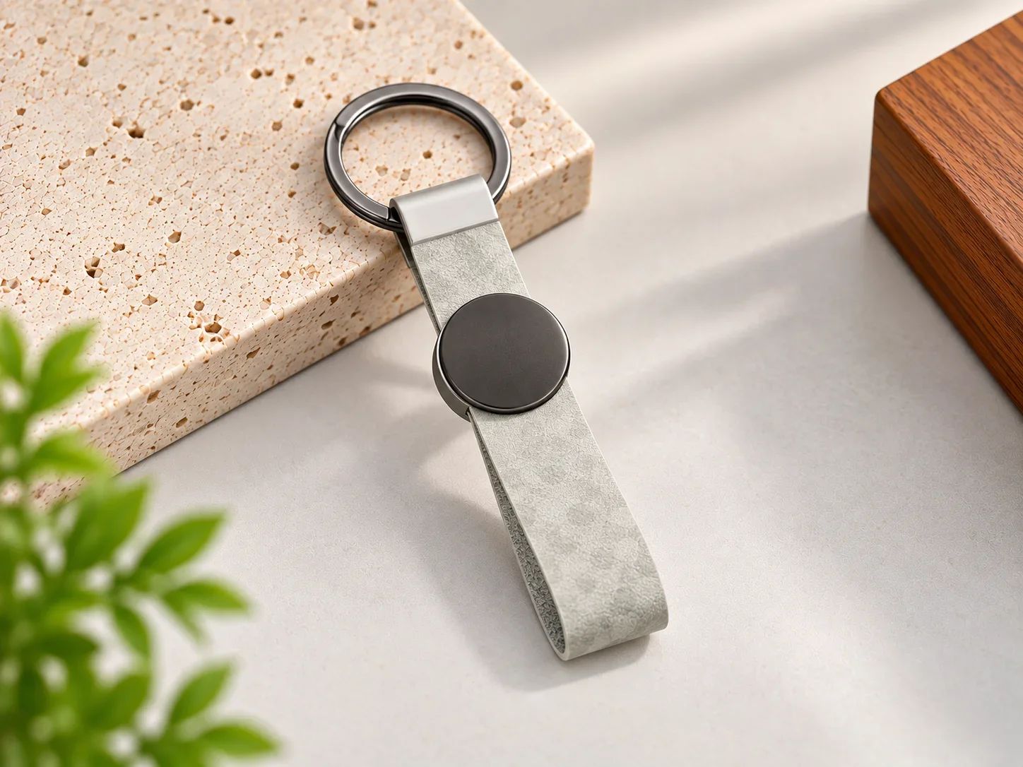 Slate Grey Soft Touch Leatherette Keyring with Round Gunmetal Emblem