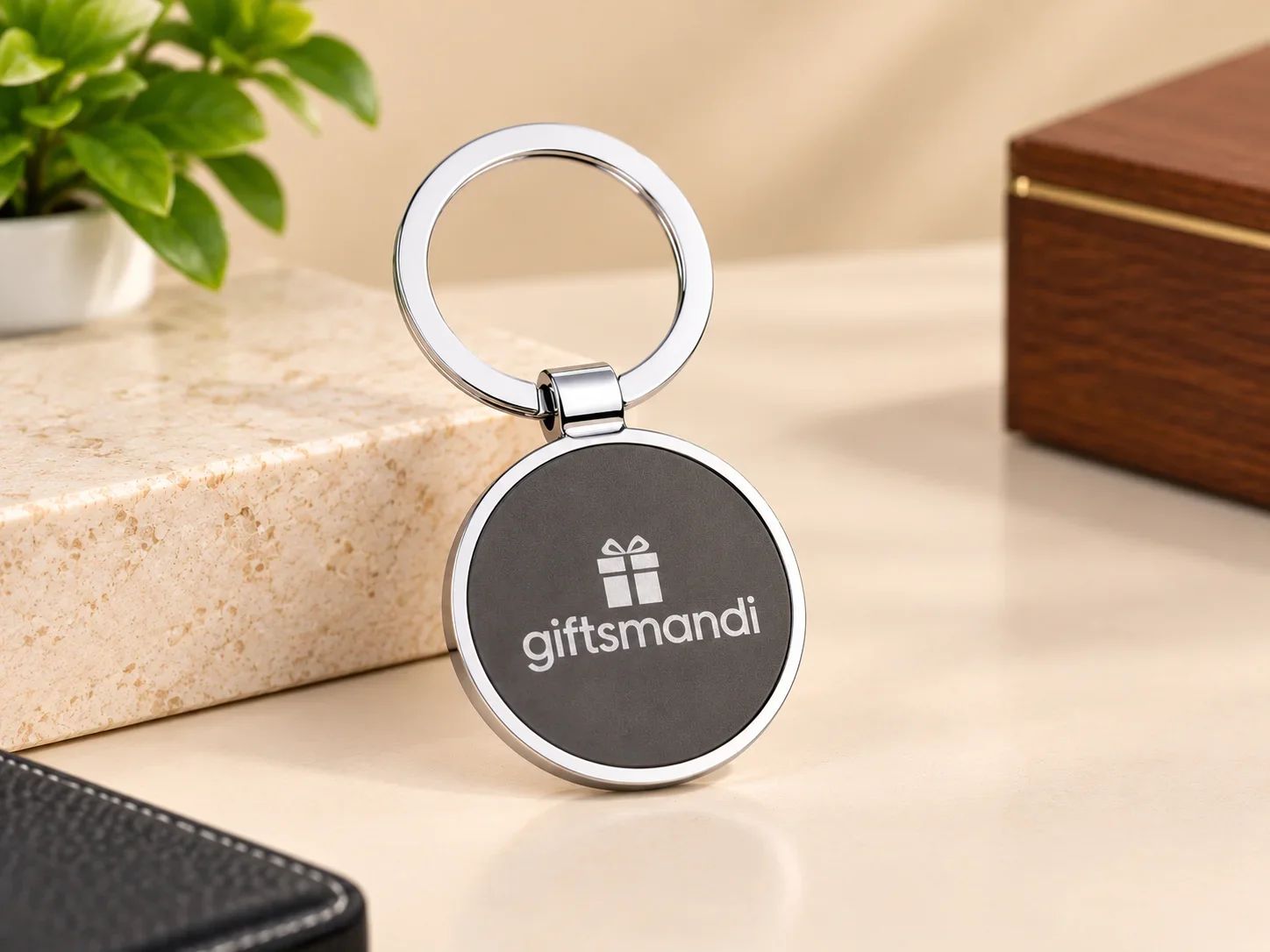 Round Charcoal Faux Leather Medallion Keychain with Chrome Frame