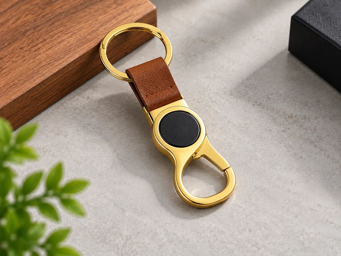 Polished Gold Metallic Carabiner Keyring with Brown Leatherette Accent and Black Medallion
