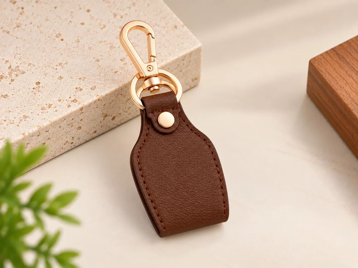 Contoured Chestnut Brown Faux Leather Key Fob with Gold Carabiner Hook