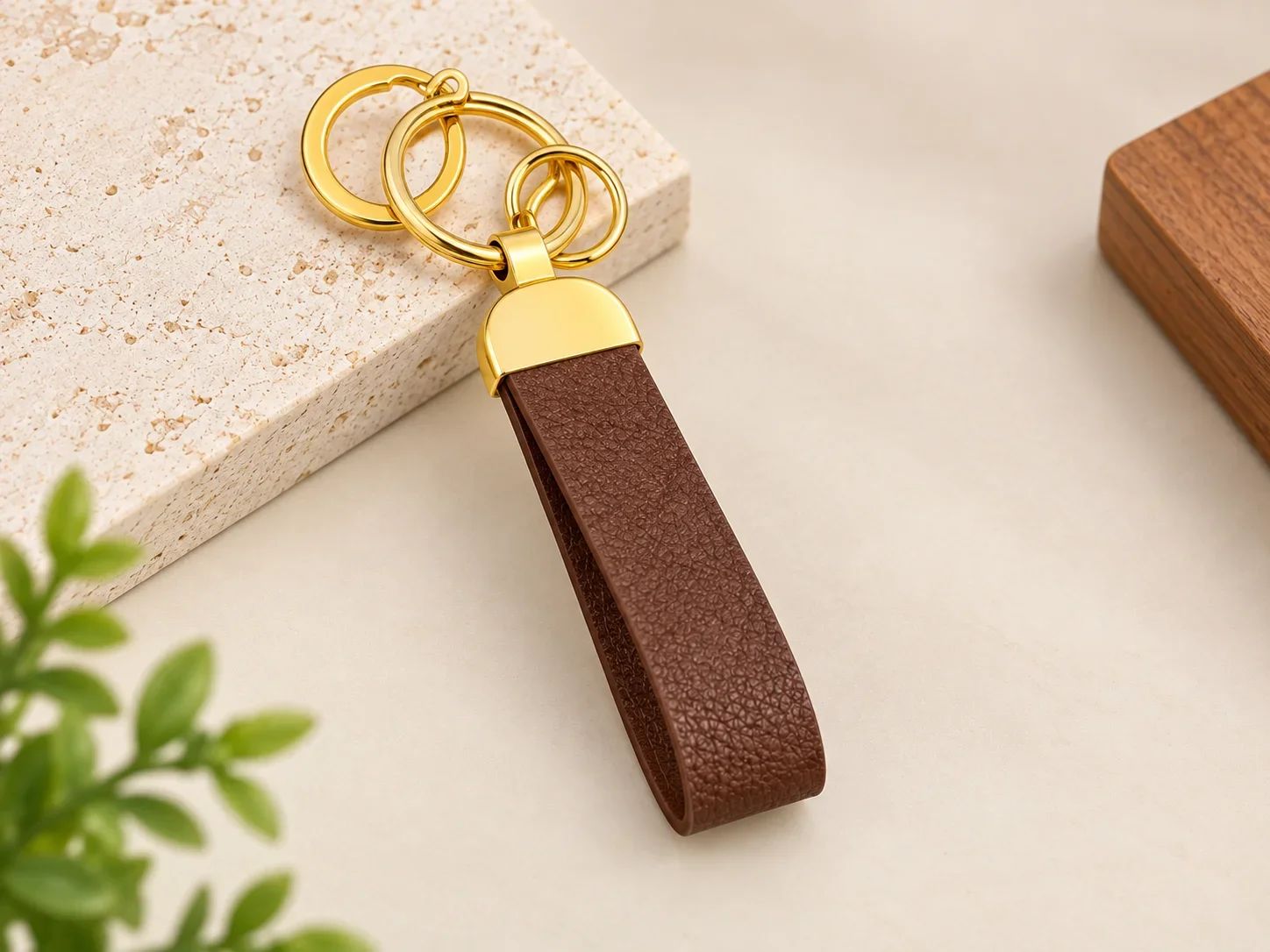 Classic Espresso Brown Leatherette Wristlet Key Strap with Gold Multi-Rings