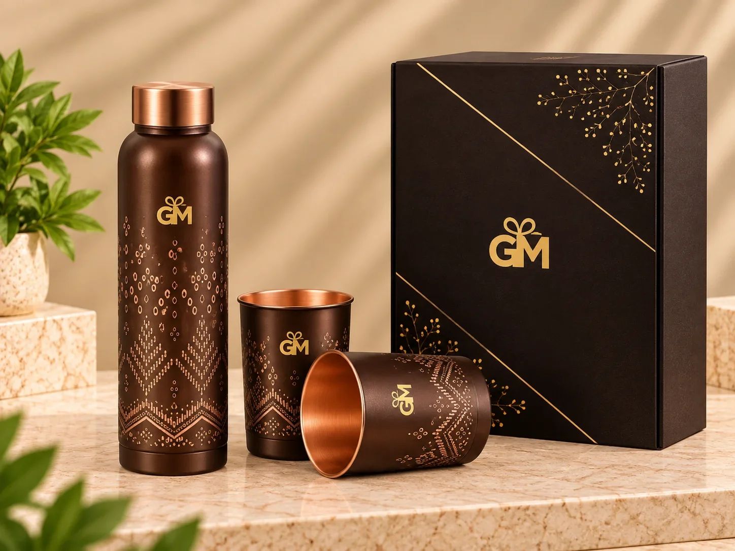 Printed Matte Brown Copper Bottle & Tumbler Gift Set