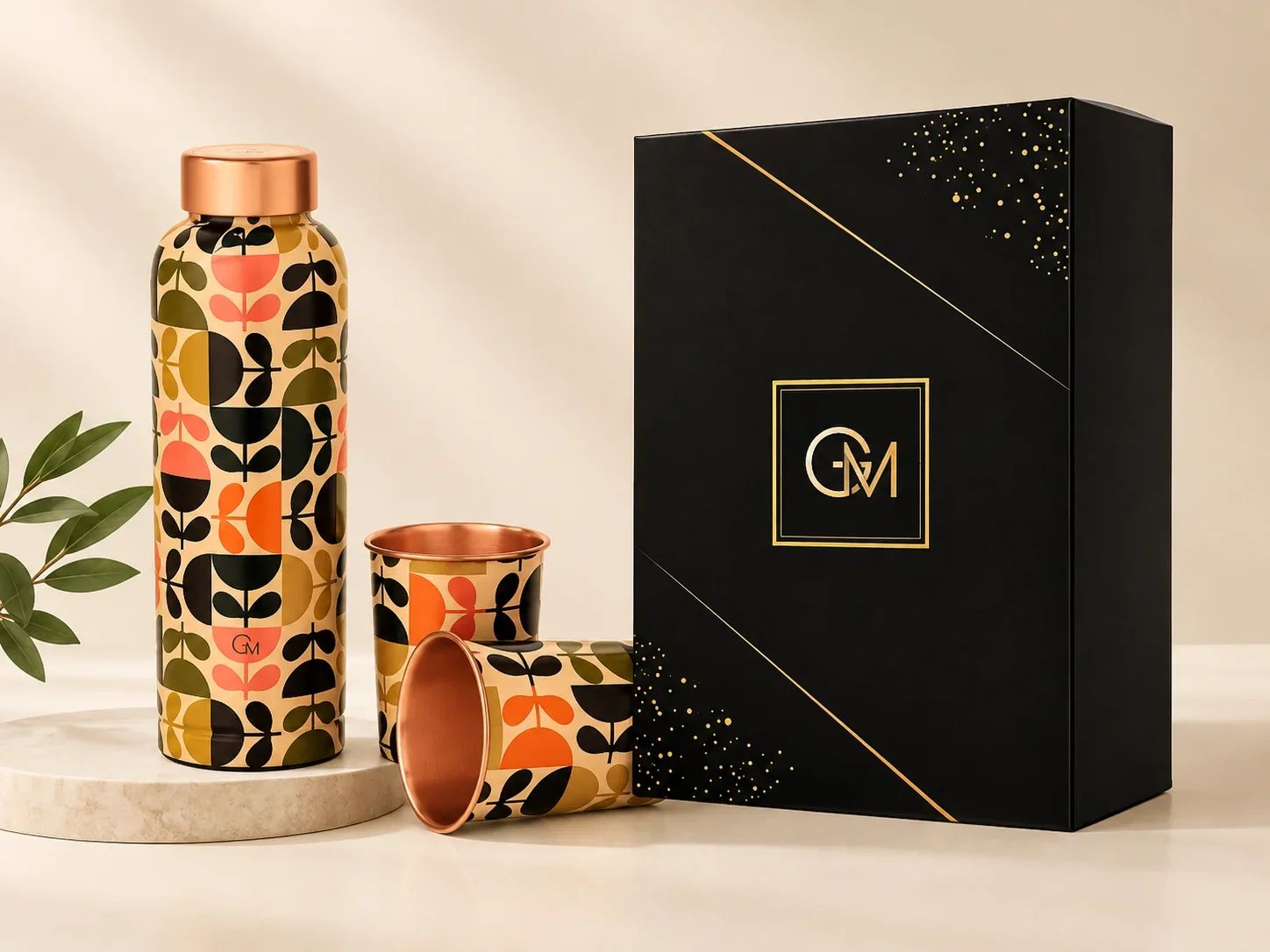 Retro Floral Printed Copper Bottle & Tumbler Gift Set