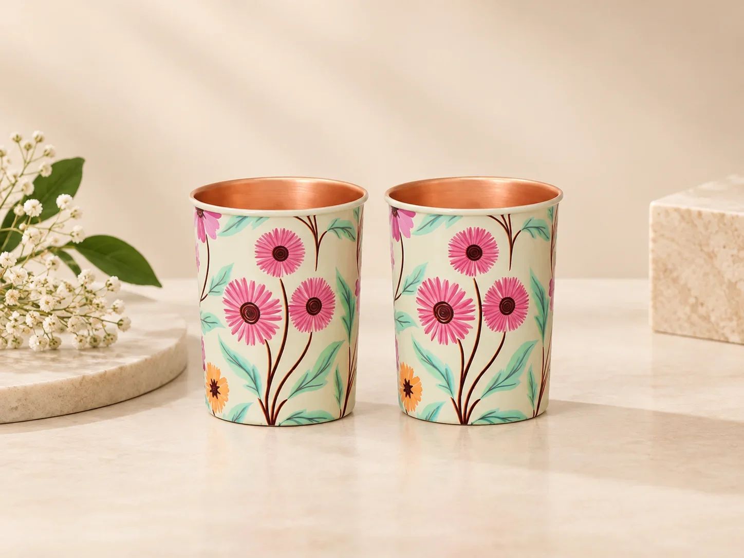 Hand Painted Botanical Daisy Copper Glass Set