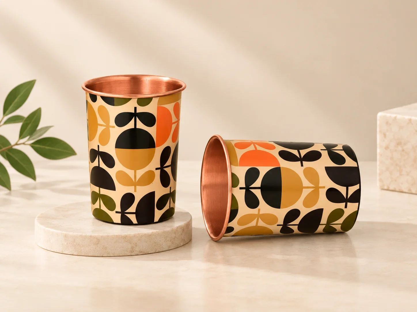 Retro Geometric Motif Copper Glass Set