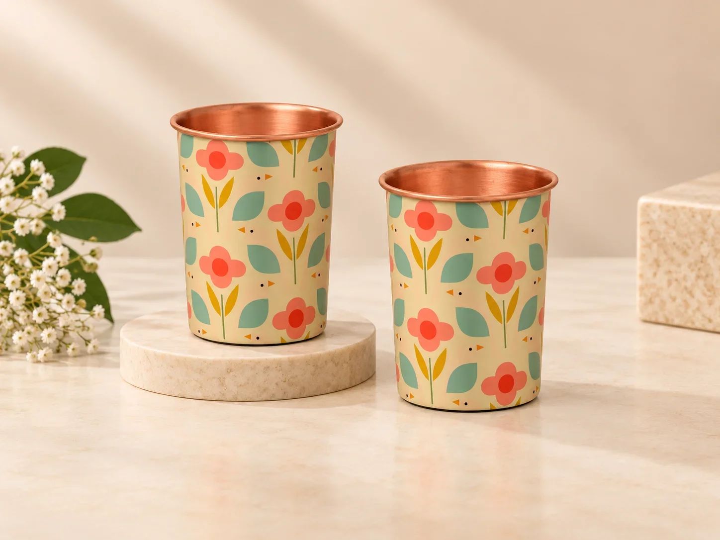 Pastel Floral & Bird Pattern Printed Copper Glass Set