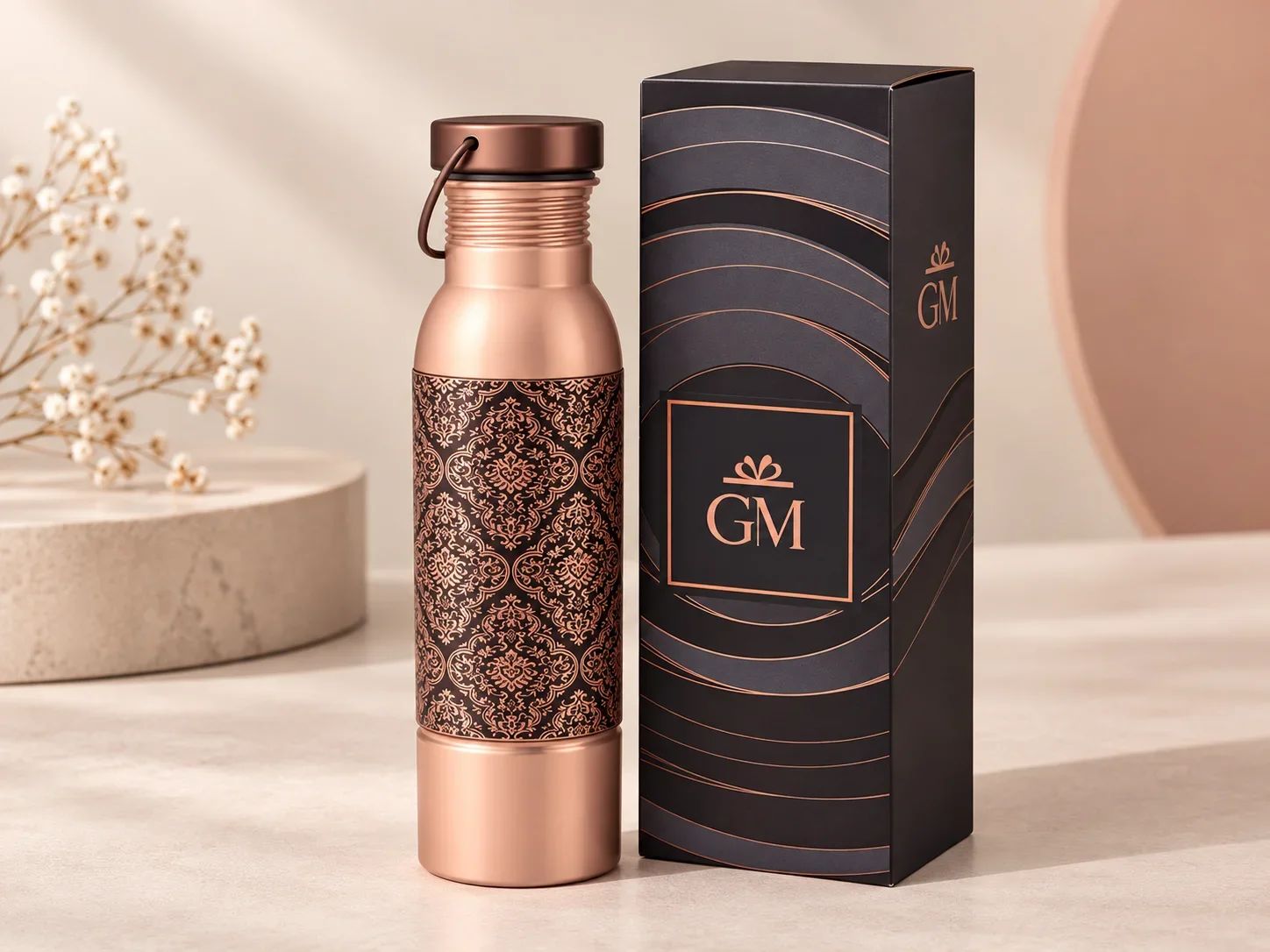 Royal Damask Engraved Rose Gold Copper Water Bottle